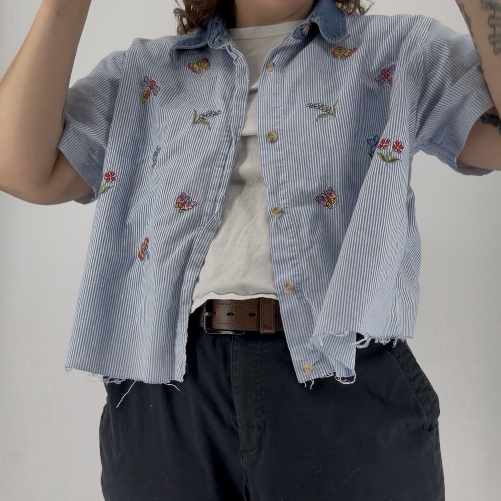 Vintage embroidered short sleeve shirt denim collar plus size cottage 22/24 3XL